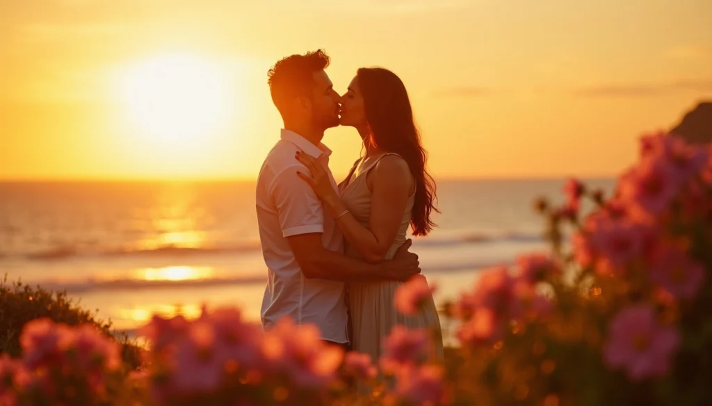 Couple kissing at sunset